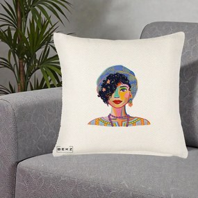 Perna Decorativa Portret Femeie Etnic Colorat, 40x40 cm, Crem Reliefat, Husa Detasabila, Perna Inclusa, BEKZ®