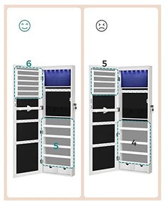 Dulap de bijuterii cu oglinda, Songmics, JJC99WT, Alb, 9,3 x 37 x 107 cm
