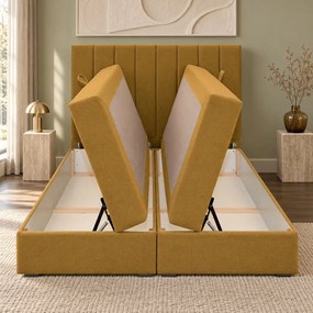 Pat boxspring din catifea Novella cu ladă 160×200 cm, galben muștar