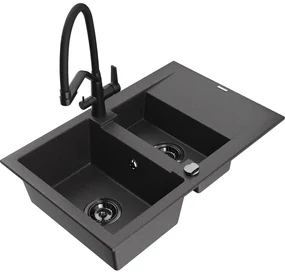 Mexen Gaspar chiuvetă de granit 1,5 camere cu scurgător și baterie Duo, negru stropit - 6507-76-671701-70-B