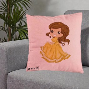 Perna Decorativa Printesa Bella Rochie Aurie, 40x40 cm, Roz, Husa Detasabila, Perna Inclusa, BEKZ®