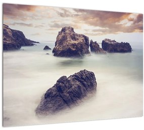 Tablou pe sticlă cu stânci în ceață (70x50 cm)