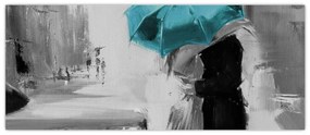 Tablou - Cuplu în dragoste cu umbrelă, albastru (120x50 cm)