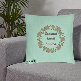 Cadou pentru Bunica - Perna Personalizata Cea Mai Buna Bunica Coronita Trandafiri Roz Clasic, 40x40 cm, Verde Menta, Husa Detasabila, Perna Inclusa, BEKZ®