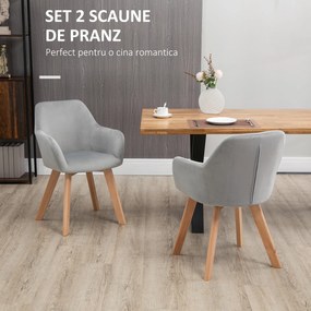 HOMCOM Set 2 Scaune de Sufragerie cu Picioare din Lemn, Scaune de Bucatarie Capitonate cu Cotiere din Tesatura Catifelata, 54x57x80cm, Gri