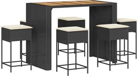 vidaXL Set bar de grădină, 7 piese, cu perne, negru, poliratan