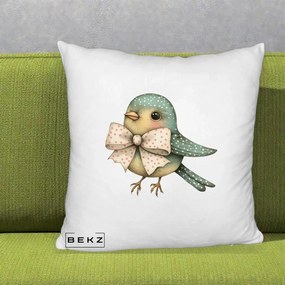 Perna Decorativa Pasare Teal cu Fundita cu Buline, 40x40 cm, Alb Pufos, Husa Detasabila, Perna Inclusa, BEKZ®