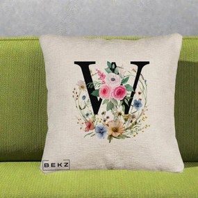 Cadou Personalizat - Perna Personalizata Monograma Florala Litera W, 40x40 cm, Bej Canapea, Husa Detasabila, Perna Inclusa, BEKZ®
