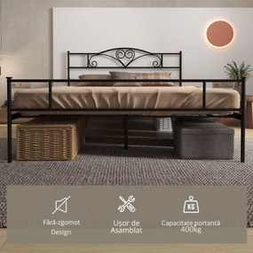HOMCOM Structura Pat Matrimonial din Otel 160x200cm cu Sipci Integrate, Tetiera si Tablie, Spatiu de Depozitare, Negru | Aosom Romania
