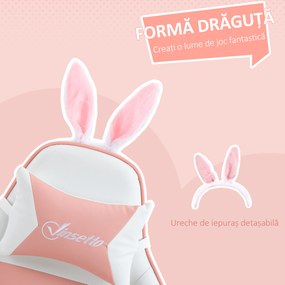 Vinsetto Scaun de Gaming Ergonomic cu Urechi de Iepure și Suport pentru Picioare Extensibil, 65x63x136-142 cm, Roz | Aosom Romania