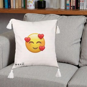 Perna Decorativa Emoji cu 3 Inimi, 40x40 cm, Bej cu Franjuri, Husa Detasabila, Perna Inclusa, BEKZ®