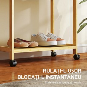 HOMCOM Cuier de Podea cu Bară și 4 Roți, Economisire Spațiu, Cuier din Bambus cu Rafturi Inferioare, pentru Dormitor, Hol, 70x35x175 cm, Lemn Natural | Aosom Romania