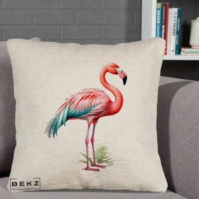 Perna Decorativa Flamingo Roz cu Pene Teal, 40x40 cm, Bej Canapea, Husa Detasabila, Perna Inclusa, BEKZ®