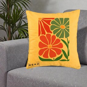 Perna Decorativa Flori Grafice Rosu-Albastru, 40x40 cm, Galben, Husa Detasabila, Perna Inclusa, BEKZ®