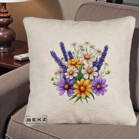 Perna Decorativa Lavanda Musetel si Flori Mov, 40x40 cm, Bej Canapea, Husa Detasabila, Perna Inclusa, BEKZ®