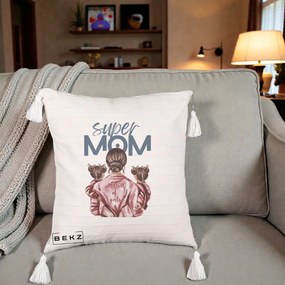 Cadou pentru Mama - Perna Personalizata Super Mom of Girls Mama cu Gemene, 40x40 cm, Bej cu Franjuri, Husa Detasabila, Perna Inclusa, BEKZ®