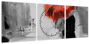 Tablou - Cuplu în dragoste sub o umbrelă, roșu (cu ceas) (90x30 cm)