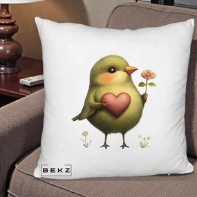 Perna Decorativa Pasare Verde cu Inima si Floare, 40x40 cm, Alb Pufos, Husa Detasabila, Perna Inclusa, BEKZ®