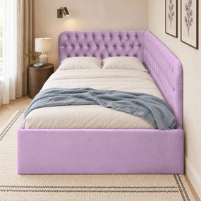 Pat tapițat pentru copii din catifea Elyra 140×200 cm, lila, colț dreapta, cu ladă de depozitare