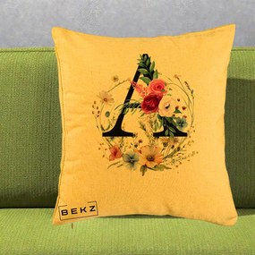 Cadou Personalizat - Perna Personalizata Monogram Litera A cu Flori Acuarela, 40x40 cm, Galben, Husa Detasabila, Perna Inclusa, BEKZ®