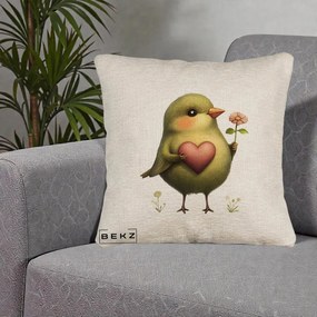 Perna Decorativa Pasare Verde cu Inima si Floare, 40x40 cm, Bej Canapea, Husa Detasabila, Perna Inclusa, BEKZ®