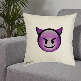 Perna Decorativa Emoji Diavol Mov, 40x40 cm, Ecru, Husa Detasabila, Perna Inclusa, BEKZ®
