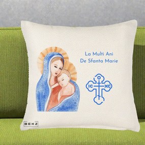 Cadou de Onomastica - Perna Personalizata Sfanta Marie Icoana Acuarela, 40x40 cm, Crem Reliefat, Husa Detasabila, Perna Inclusa, BEKZ®