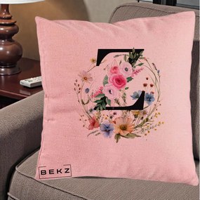 Cadou Personalizat - Perna Personalizata Monograma Florala Litera Z cu Coroana, 40x40 cm, Roz, Husa Detasabila, Perna Inclusa, BEKZ®