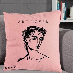 Perna Decorativa Art Lover Portret Grafic, 40x40 cm, Roz, Husa Detasabila, Perna Inclusa, BEKZ®