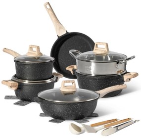 Set oale si tigai Just Perfecto JL-780, 15 piese, Finisaj marmura, Inductie, Oala cu aburi, Accesorii, Negru