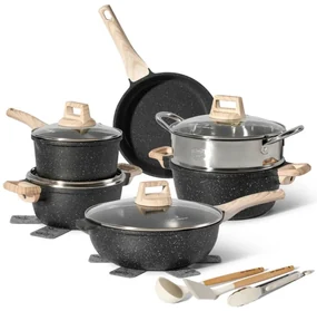 Set oale si tigai Just Perfecto JL-780, 15 piese, Finisaj marmura, Inductie, Oala cu aburi, Accesorii, Negru