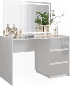 Masuta machiaj cu Oglinda LED si 3 Sertare pentru Cosmetice, Set Masa toaleta 120 cm, Alb Lucios, masuta cosmetica, vanity - SEA806