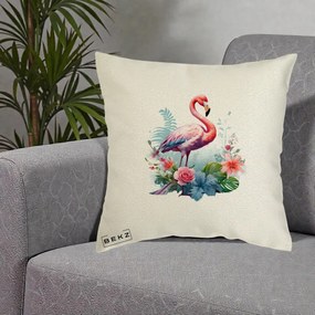 Perna Decorativa Flamingo cu Flori Tropicale Acuarela, 40x40 cm, Ecru, Husa Detasabila, Perna Inclusa, BEKZ®
