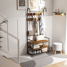 HOMCOM Suport de Haine de Intrare cu Bară, 10 Cârlige Mobile, Bancă și Raft pentru Încălțăminte, Mobilier în Pal și Metal, Design Industrial, 80x40x182 cm, Maro și Negru | Aosom Romania