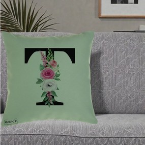 Cadou Personalizat - Perna Personalizata Monograma Florala Litera T, 40x40 cm, Verde, Husa Detasabila, Perna Inclusa, BEKZ®