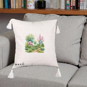 Perna Decorativa Gradina Primavara Acuarela, 40x40 cm, Bej cu Franjuri, Husa Detasabila, Perna Inclusa, BEKZ®