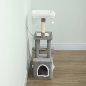PawHut Ansamblu de joacă zgârietoare pentru pisici cu căsuță, pat și 2 mingi, din lemn și pluș, 55x40x107 cm, gri și alb | Aosom Romania