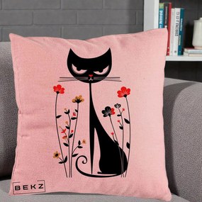 Perna Decorativa Pisica Neagra Grafica Flori Rosii, 40x40 cm, Roz, Husa Detasabila, Perna Inclusa, BEKZ®