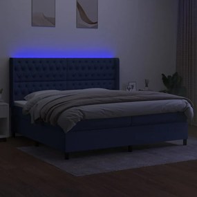 Pat cu arcuri, saltea si LED, albastru, 200x200 cm, textil Albastru, 200 x 200 cm, Design cu nasturi
