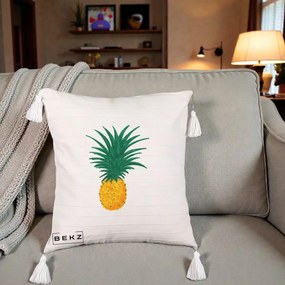 Perna Decorativa Ananas Tropical, 40x40 cm, Bej cu Franjuri, Husa Detasabila, Perna Inclusa, BEKZ®