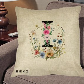 Cadou Personalizat - Perna Personalizata Monogram Litera I cu Flori Acuarela, 40x40 cm, Crem, Husa Detasabila, Perna Inclusa, BEKZ®