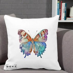 Perna Decorativa Fluture Acuarela Multicolor Portocaliu-Bleu-Mov, 40x40 cm, Alba Mata, Husa Detasabila, Perna Inclusa, BEKZ®