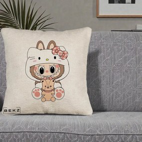 Perna Personalizata Labubu x Hello Kitty, 40x40 cm, Bej Canapea, Husa Detasabila, Perna Inclusa, BEKZ®