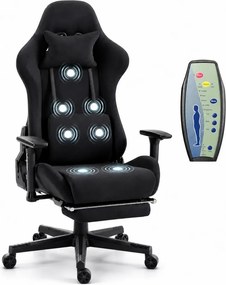 Scaun Gaming cu Masaj 7 Puncte și Încălzire, Telecomanda, Cotiere 3D, Reclinare 180°, Suport Picioare, Catifea, Negru