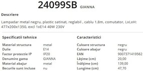 Lampadar, lampa de podea design modern GIANNA negru 24099SB GL