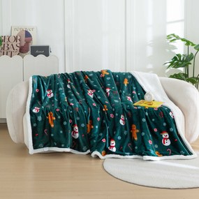 Patura miel din microplus de Craciun Om de zapada si turta dulce, verde inchis Dimensiune: 160 x 200 cm