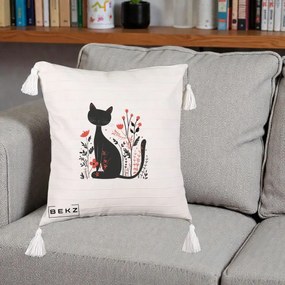 Perna Decorativa Pisica Neagra Flori Rosii Folk Minimal, 40x40 cm, Bej cu Franjuri, Husa Detasabila, Perna Inclusa, BEKZ®