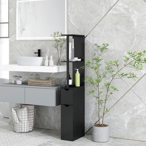 Kleankin Coloană de Baie cu 2 Rafturi și 2 Dulapuri, Mobilier Înalt de Baie Spațios din MDF, 15,2x29,8x118 cm, Negru | Aosom Romania