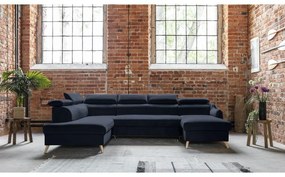 Colțar albastru închis extensibil cu tapițerie din catifea (cu colț pe partea stângă /în formă de "U") Sweet Harmony – Miuform