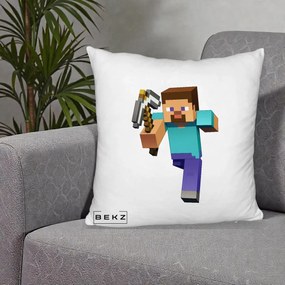 Perna Personalizata Minecraft Steve, 40x40 cm, Alb Pufos, Husa Detasabila, Perna Inclusa, BEKZ®